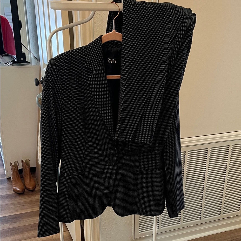 Zara Black Pindot Blazer and Trousers Set